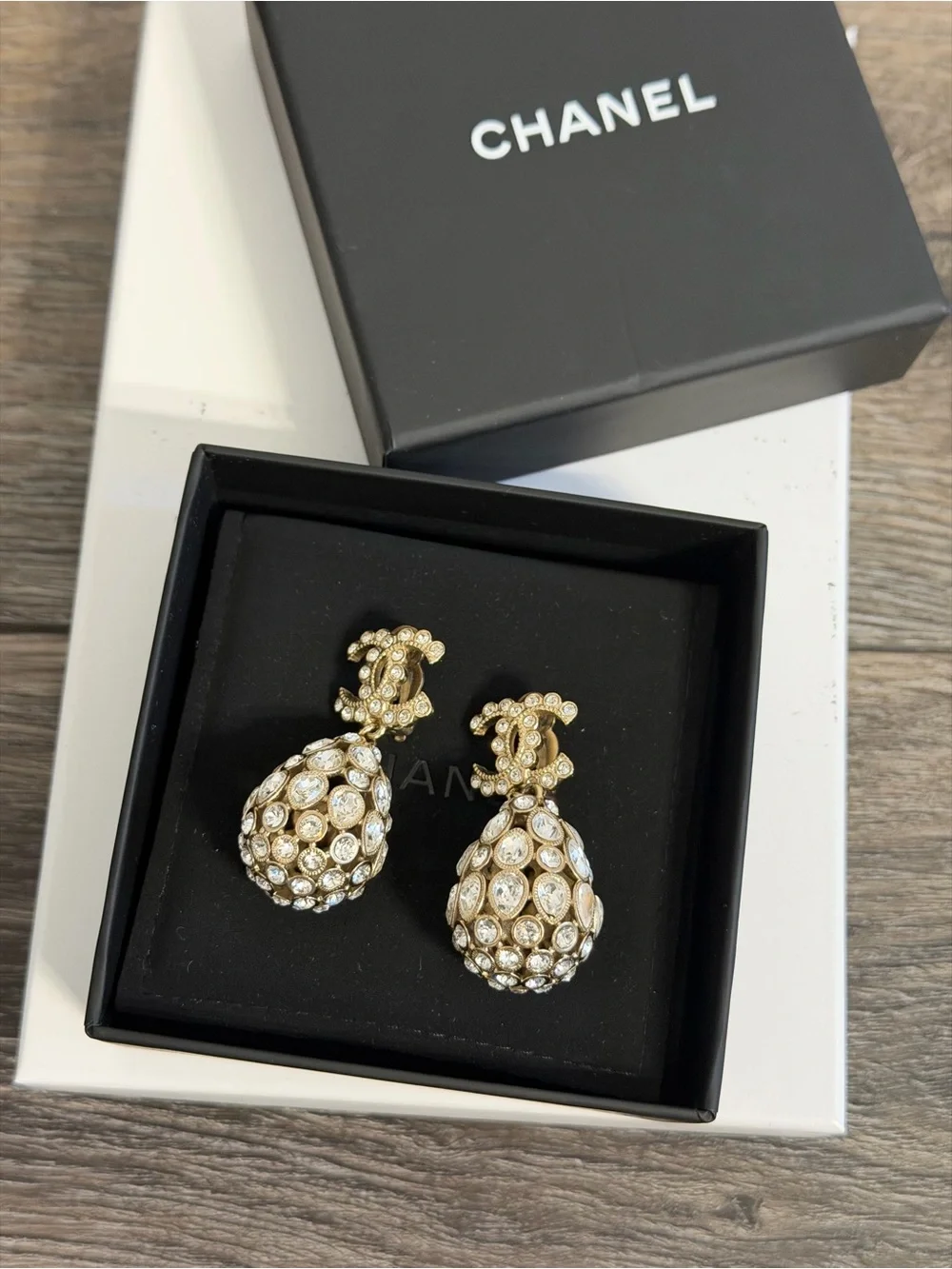 CHANEL Gold and Silver Crystal CC Teardrop Clip On Dangle Earrings
